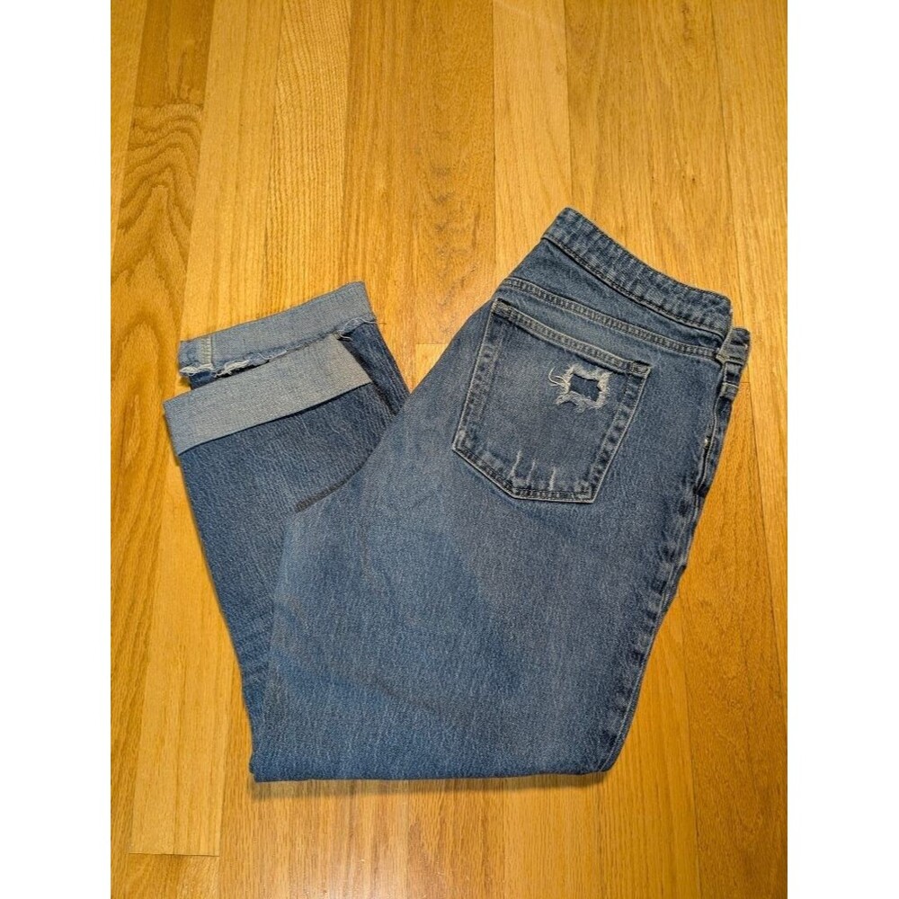 Free Assembly Super High Rise Straight Jeans Sz 16 Distressed Cuffed Medium Wash